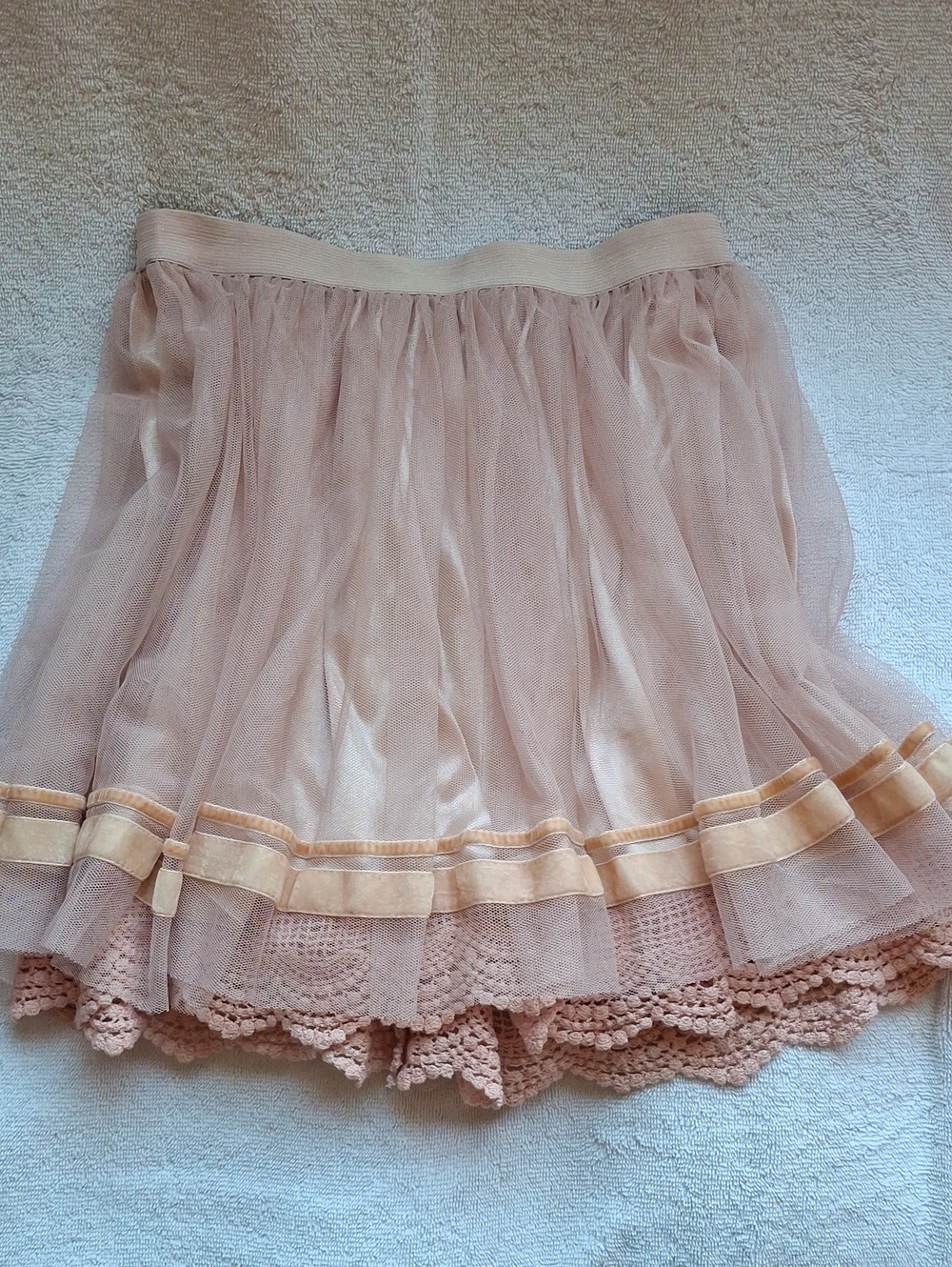 Cecico Blush Pink Tulle Skirt w/ Crochet Hem Velvet Ribbon Trim Sz S Y2K Ballet